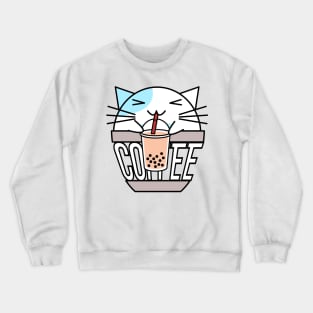 Cat in coffee cup with warped text drinking boba light blue Crewneck Sweatshirt